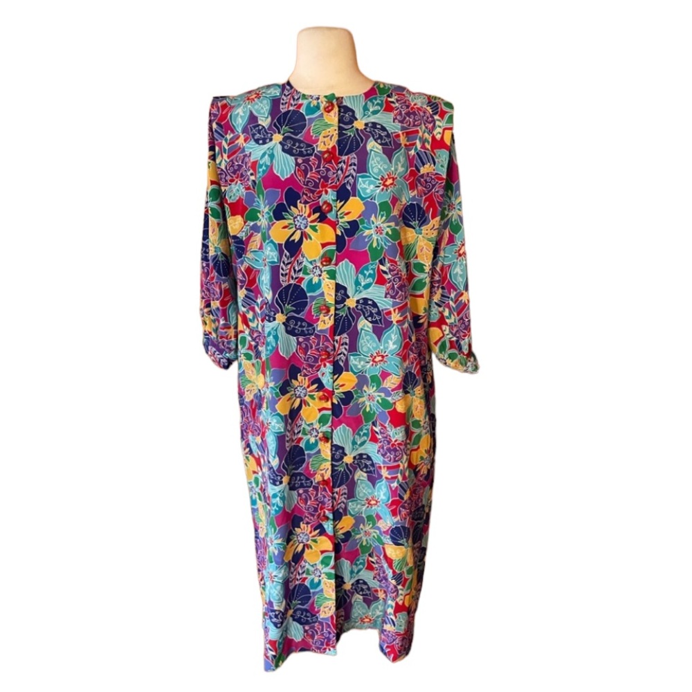 1980s Schrader Floral,‎ Multi-Color Career Dress